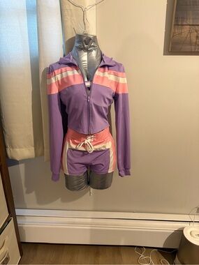Purple & Pink Colorblock tracksuit zip up, bandeau and high waisted shorts set